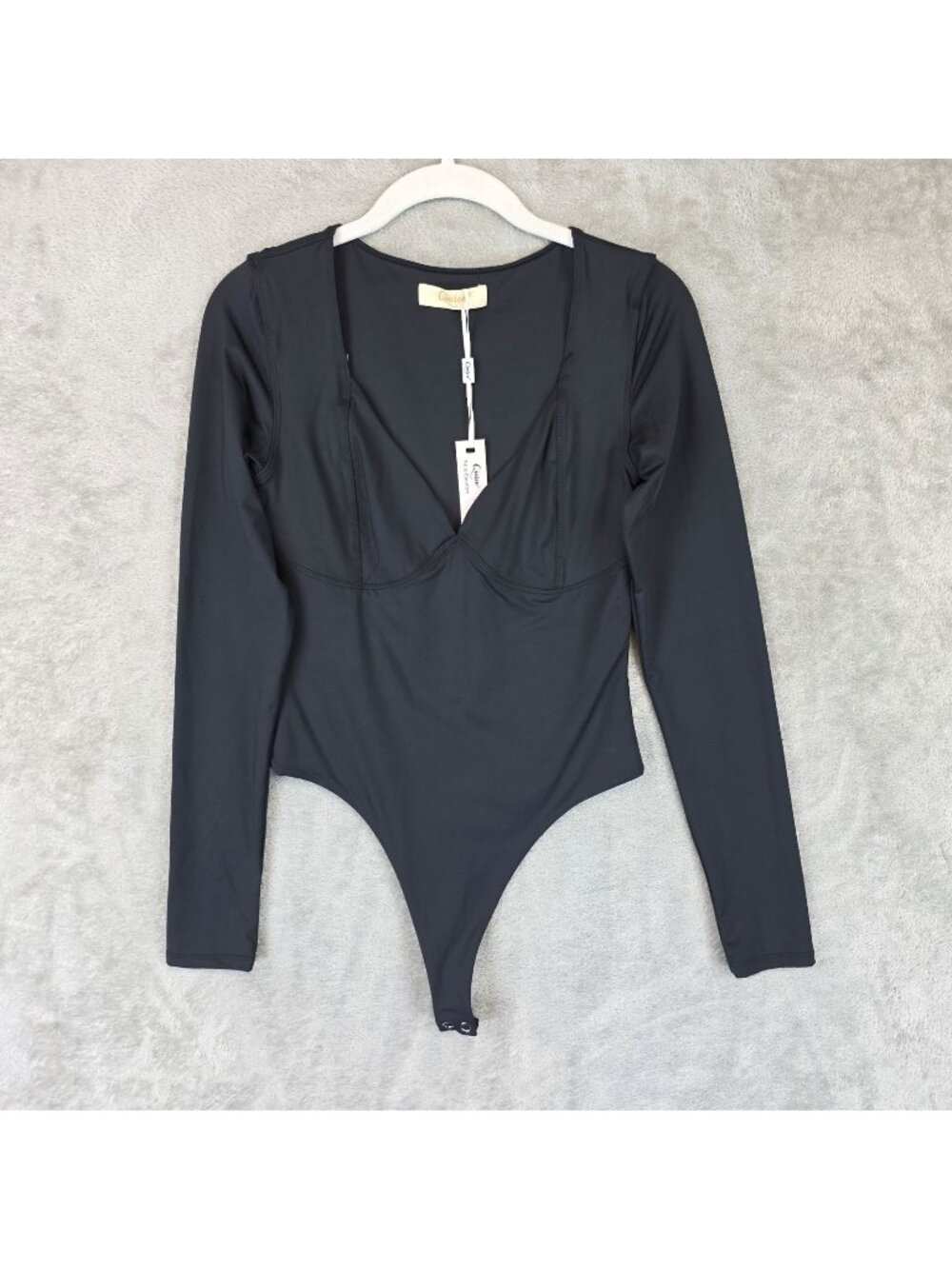 Qinsen Bodysuit Womens M Black Long Sleeve Plunge Neck Thong One Piece Stretch